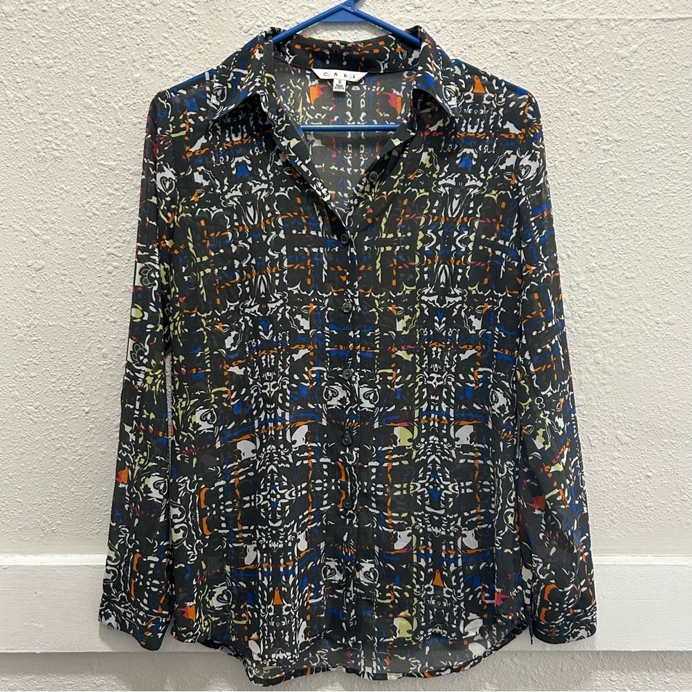CAbi #129 Festival Geometric Semi Sheer Button Down Top Small